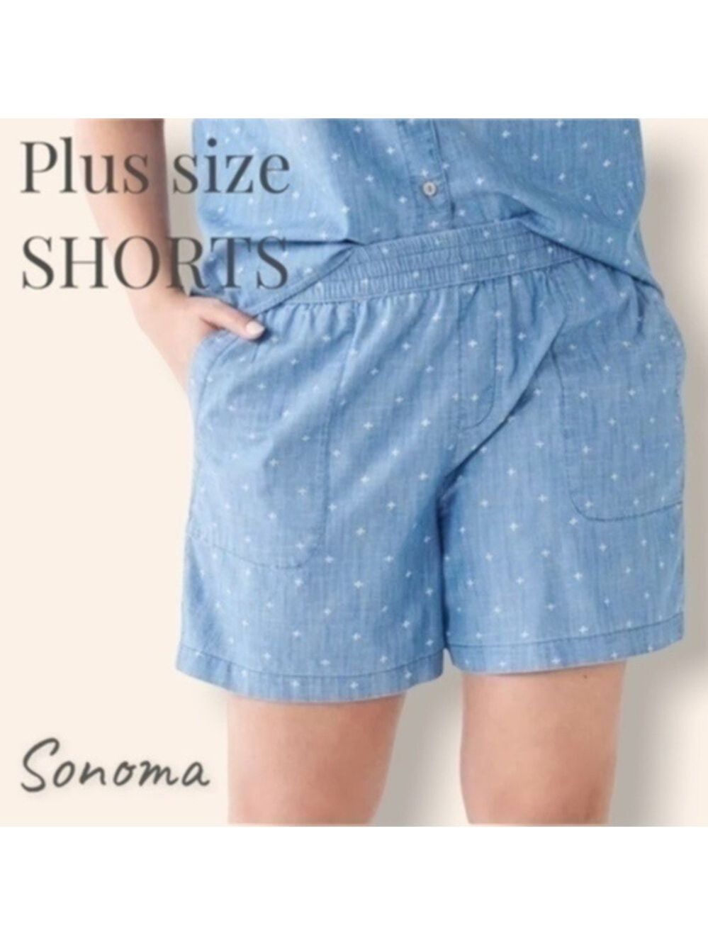 SONOMA Plus Size 5” Inseam MidRise Easy Pull-On Shorts in Chambray Dot NWT/2x